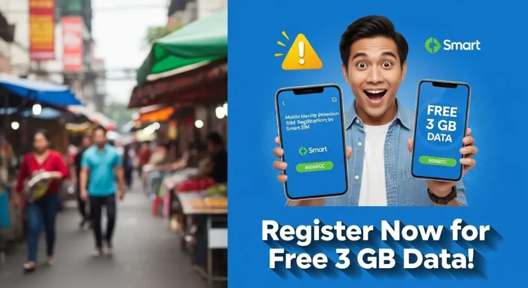 A vibrant promotional image for Smart SIM registration in the Philippines. On the left, a blurred background of a busy Manila street market with people shopping under colorful umbrellas. On the right, an excited young man in a denim jacket holds two smartphones: one displaying the Smart SIM Registration app