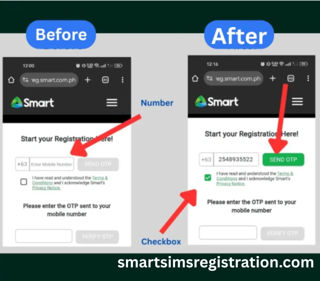 Before and after comparison of Smart SIM online registration page showing how to enter a mobile number, check the terms and conditions checkbox, and tap the ‘Send OTP’ button to proceed with registration