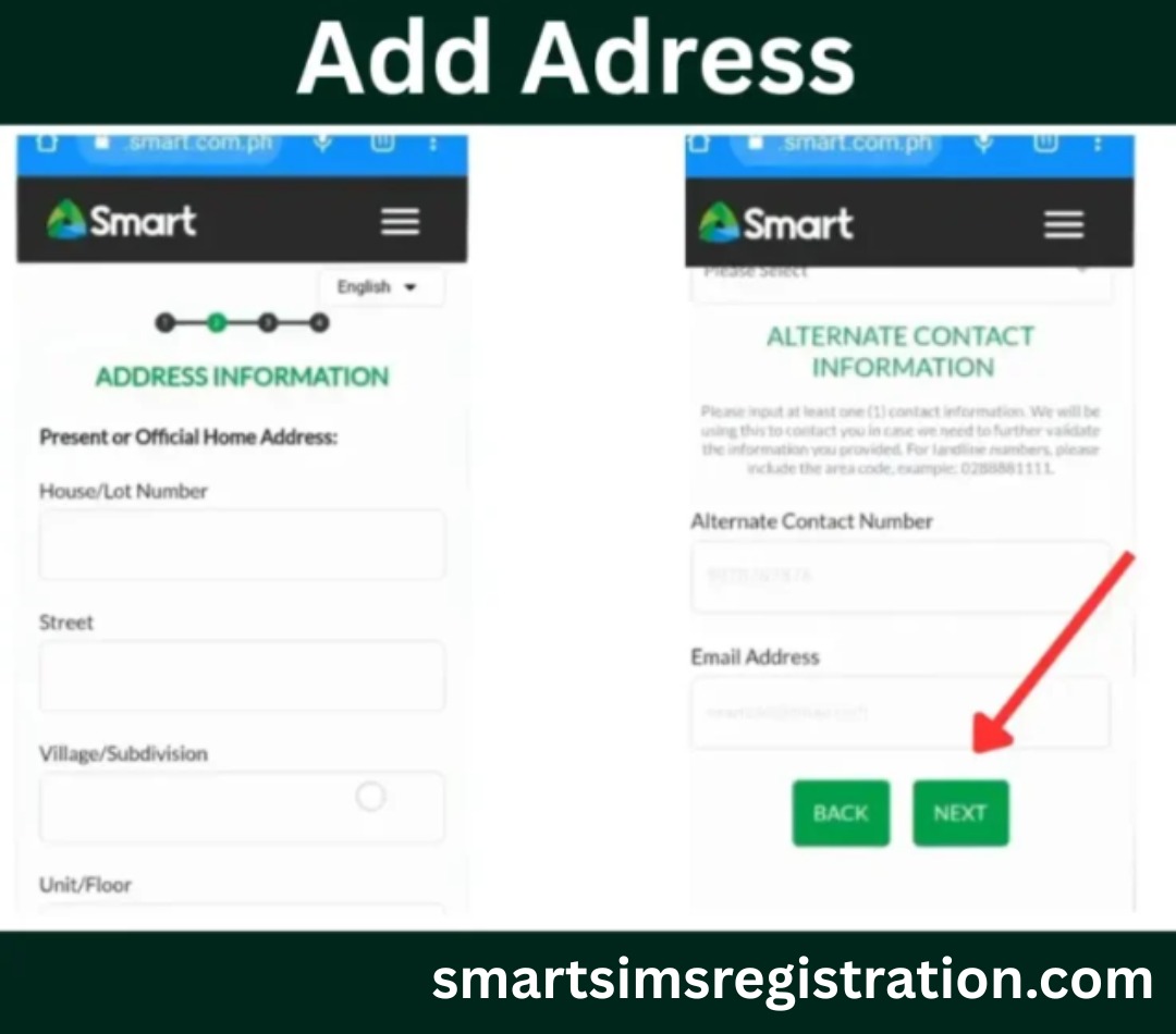Screenshot of the Smart SIM registration ‘Add Address’ step showing address information fields (house number, street, village, unit/floor) alongside alternate contact information fields (contact number and email), with Back and Next buttons highlighted for continuing the registration process.