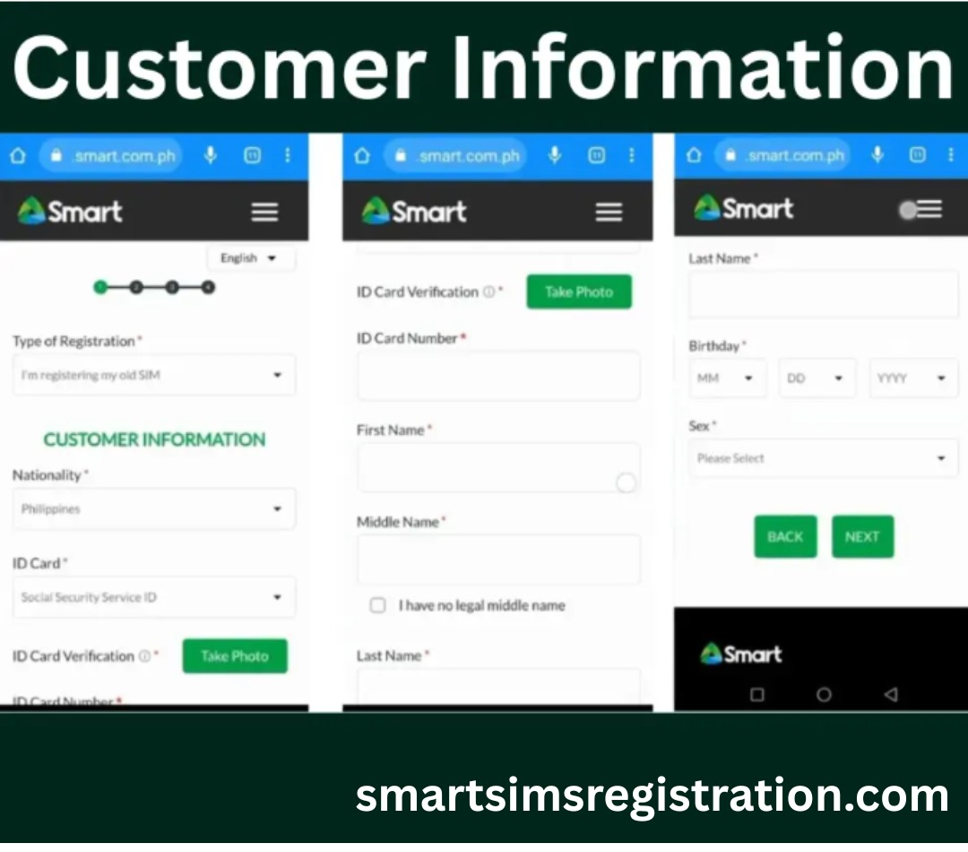 Screenshots showing the Smart SIM registration process on smart.com.ph, including a before-and-after view of entering a mobile number, checking the terms and conditions checkbox, sending OTP, and the customer information form where users provide ID card details, personal information, birthday, and verification steps during SIM registration.