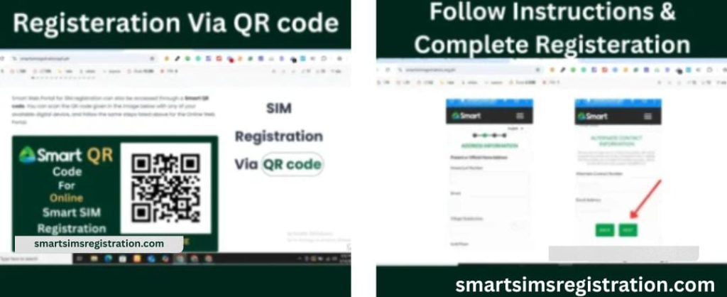Step-by-step Smart SIM registration guide showing QR code registration on the left and mobile form completion screens on the right, with headings ‘Registration via QR code’ and ‘Follow Instructions & Complete Registration’, including the website smartsimsregistration.com.
