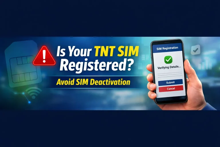 TNT SIM online registration warning banner showing a user holding a smartphone with a SIM verification screen and an alert message to avoid SIM deactivation in the Philippine