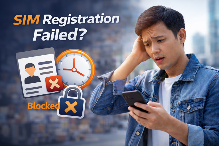 User looking worried at phone after SIM registration failed, showing Smart SIM verification issue and risk of permanent blocking in the Philippines