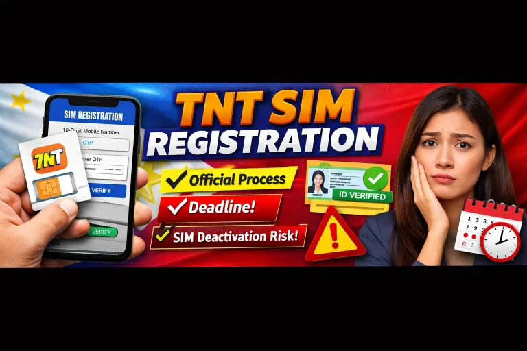 TNT SIM registration banner showing official registration process, ID verification, deadline warning, and SIM deactivation risk in the Philippines