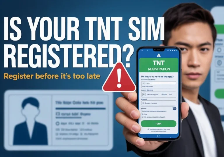 TNT SIM online registration warning showing a user checking SIM status on a smartphone in the Philippines