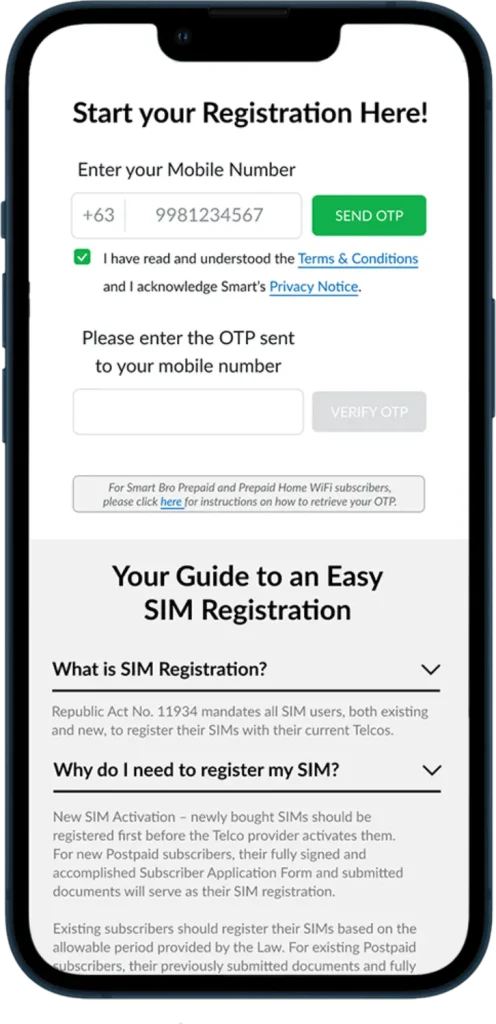 Mobile number registration interface on phone