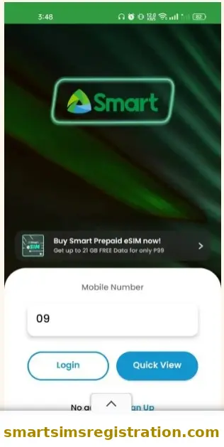 Smart SIM registration app login screen displaying mobile number input field, login and quick view options, used for Smart SIM verification and registration process.
