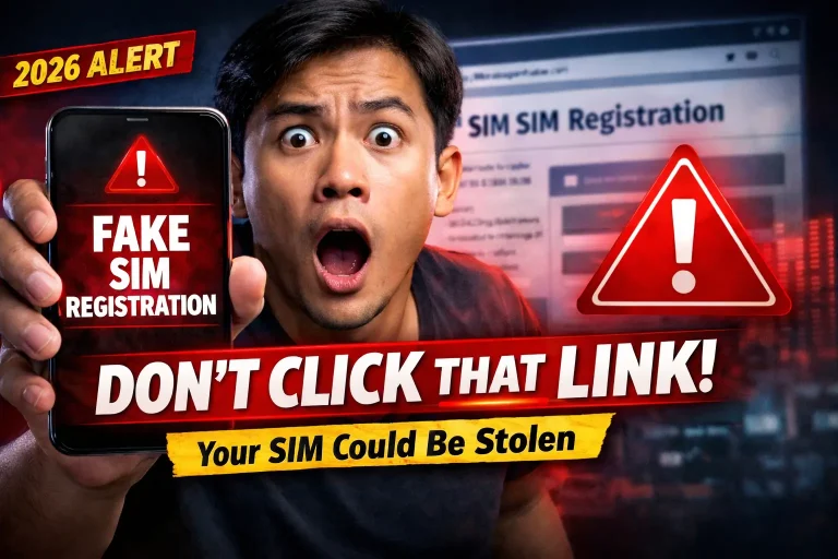 YouTube-style banner warning about Fake SIM Registration scam showing a shocked man holding a phone with a fake SIM alert and message “Don’t Click That Link”